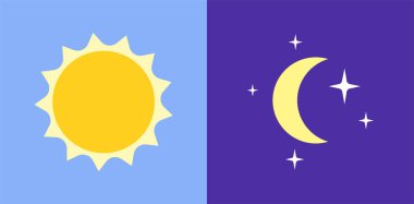 Day and night logo. Light or dark theme or sleep wake rhythm. Moon and stars, sun and clouds in sky. Weather pictograms for application. Summer or winter flat vector illustration on blue background.