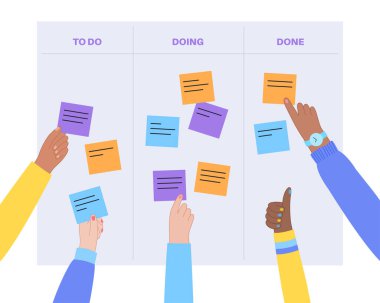 Kanban board methodology. Meeting process, cards with tasks on whiteboard, teamwork visualization in office or online. To do, in progress, done stages. WIP limits, agile model flat vector illustration