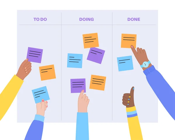 Kanban Board Methodology Meeting Process Cards Tasks Whiteboard Teamwork Visualization — Stok Vektör