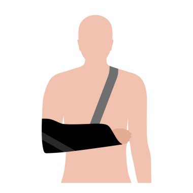 Arm sling fixation. Immobilize wrist in a horizontal position with bandage. Support for hand muscles and bones. Broken or injured joint, fracture, sprained ligaments. First help vector illustration.