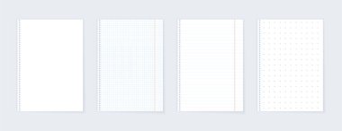 Empty checkered, lined, dotted or blanc paper pages, realistic note mockup for school. Clean notebook in a4, a3 or a2 format. White sheet for education. Shadow on gray background vector illustration.