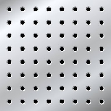 Pegboard or perforated metallic hardboard. Board with spaced holes. Aluminum or steel textured gridwall. Seamless pattern background. Tool organizer in garage workshop vector wallpaper illustration.