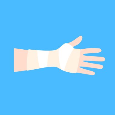 Elastic bandage on human arm. Medical gauze wrapping over an wrist. Broken or injured joint, sprained ligaments. Healthcare and first help concept. Patient with hand fracture flat vector illustration