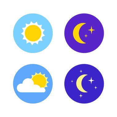Day and night logo. Light or dark theme or sleep wake rhythm. Moon and stars, sun and clouds in sky. Weather pictograms for application. Summer or winter flat vector illustration on white background.