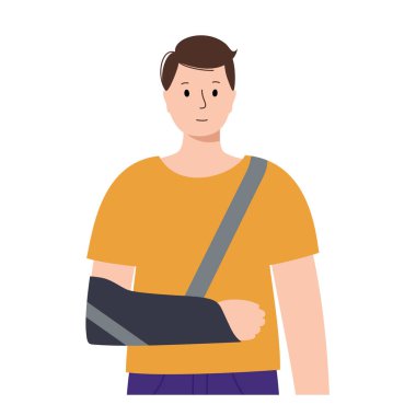 Arm sling fixation. Immobilize wrist in a horizontal position with bandage. Support for hand muscles and bones. Broken or injured joint, fracture, sprained ligaments. First help vector illustration.
