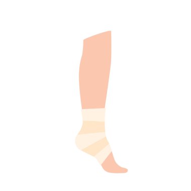 Elastic bandage on human leg. Roll and wrap medical gauze over a foot. Broken or injured ankle. Healthcare concept. First help in a clinic or hospital. Patient with trauma flat vector illustration