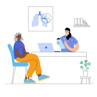 Akciğer embolisi hastalığı. Olgun bir kadın hasta. Derin ven trombozu olan yaşlı kadın. Akciğer damarında kan pıhtısı. Ciğerlerdeki kan akışını engelliyor. Dolaşım sistemi sorunu. DVT vektör illüstrasyonu