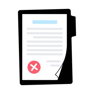 Belge kağıdındaki pul reddedildi, klasördeki sözleşme reddedildi. Ehliyetinde geri çekilme işareti var. Anlaşma, mali rapor. Gerçekçi bir sayfa, gölge etkisi. Kağıt işleri konsepti düz vektör çizimi.