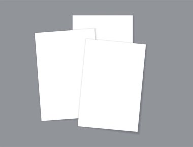 Boş kağıt sayfalar, gerçekçi doküman yığınları. Boş ve temiz mektuplar. İş, ofis, eğitim için beyaz çarşaf. Gri arkaplanda gölge, düz vektör çizimi şablonu