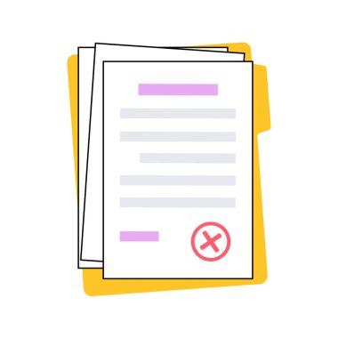 Belge kağıdındaki pul reddedildi, klasördeki sözleşme reddedildi. Ehliyetinde geri çekilme işareti var. Anlaşma, mali rapor. Gerçekçi bir sayfa, gölge etkisi. Kağıt işleri konsepti düz vektör çizimi.