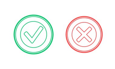 Simgeleri kontrol edin. Piktogramları onayla ve reddet. Doğru işaret, yeşil evet ve kırmızı sembol yok. Başarı ya da başarısızlık testi. Arayüz düz vektör illüstrasyonunun düğme web ögesini onayla ve sil.