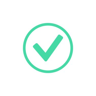 Simge konseptini kontrol et. Mark Pictogram 'ı onayla. Doğru işaret, yeşil evet sembolü. Başarı testi ya da oy. Beyaz arkaplan üzerindeki arayüz düz vektör illüstrasyonunun yuvarlak web ögesini onayla.