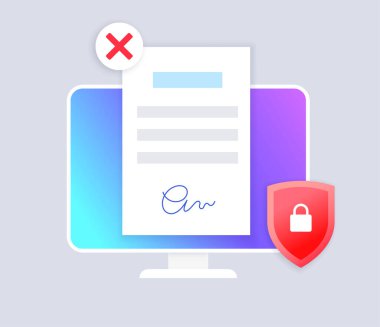 Dijital imza. Belge prosedürünü imzalıyorum. İşletme, finans ve hukuk alanında elektronik teknoloji. Kişisel bilgilerin korunması. Şartları ve şartları kabul et, lisans vektör illüstrasyonu