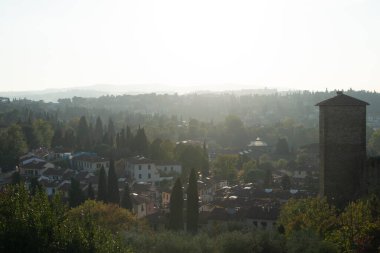 Ağaçları ve binaları olan güneşli vadi