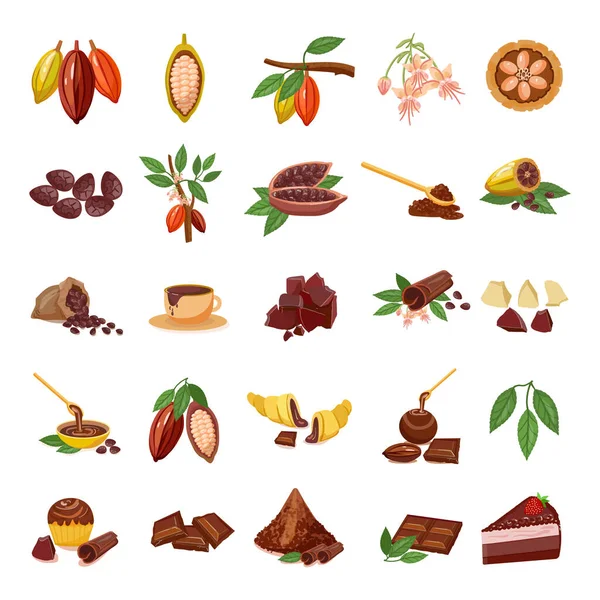 Іконки Какао Встановили Мультиплікаційний Вектор Шоколадний Лист Насіння Какао — стоковий вектор