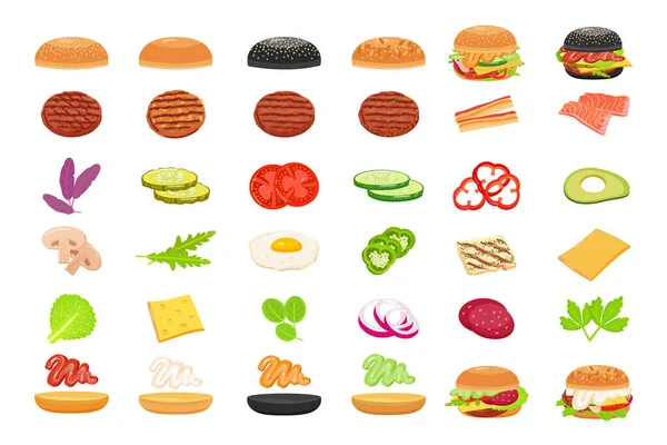 Burger Pictogrammen Ingesteld Cartoon Vector Een Hamburger Snel Broodje — Stockvector