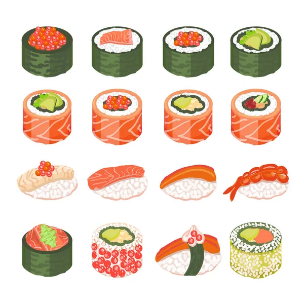 寿司ロールアイコン漫画ベクトル 醤油だ 寿司ロールを食べる — ストックベクタ