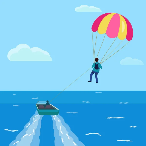 Parasailing Concepto Banner Vector Dibujos Animados Bote Paracaídas Mar Playa — Archivo Imágenes Vectoriales