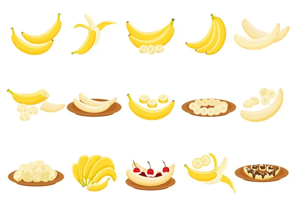 Банановые Иконки Устанавливают Вектор Мультфильмов Обезьянья Кожура Спелые Плоды — стоковый вектор