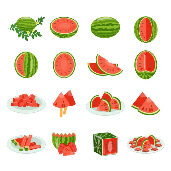 Wassermelonen Symbole Setzen Cartoon Vektor Mütze Zubereiten Frischer Sommerschnitt — Stockvektor