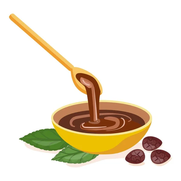 Sıcak Çikolata Kasesi Karikatür Vektörü Kakao Bitkisi Yaprak Cevizi — Stok Vektör