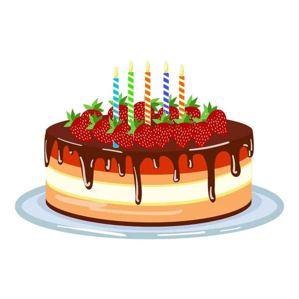 ストロベリーチョコレートケーキアイコン漫画ベクトル 誕生日おめでとう かわいいパーティー — ストックベクタ