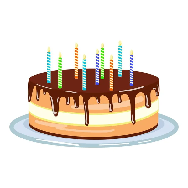 チョコレートクリームの誕生日ケーキアイコン漫画のベクトル ハッピーキャンドル フードパーティー — ストックベクタ