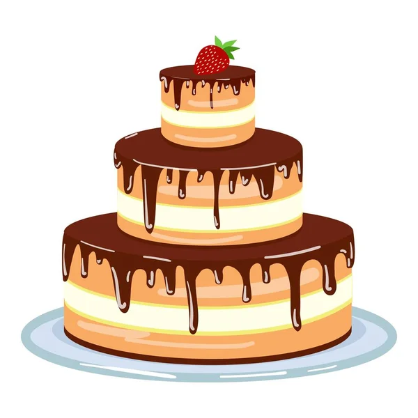 Иконка Клубничного Торта Вектор Карикатуры Счастливой Вечеринки Миленькая Еда — стоковый вектор