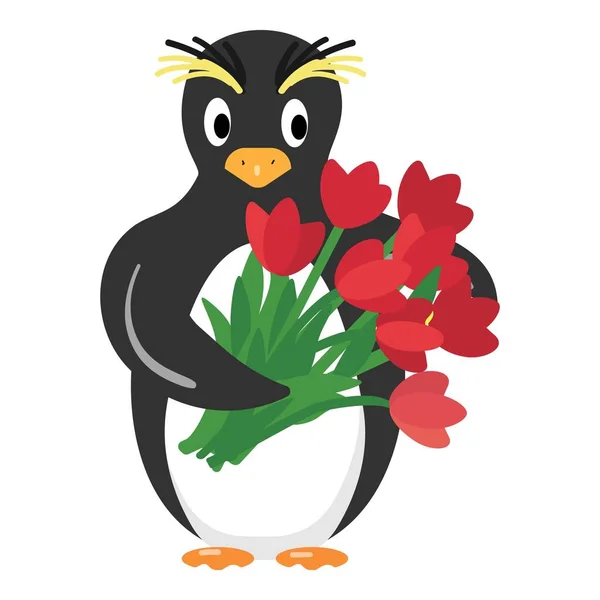 Pinguino Con Fiore Bouquet Icona Vettore Cartone Animato Azione Piccola — Vettoriale Stock
