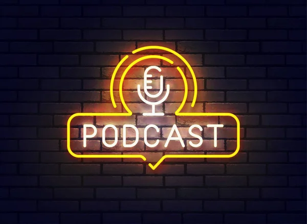 Podcast neon sign, papan nama terang, spanduk cahaya. Logo Podcast neon, lambang dan label. Ilustrasi vektor - Stok Vektor