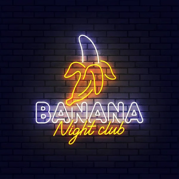 Bananenneon bord, helder uithangbord, lichtbanner. Banana nachtclub logo neon, embleem en label. Vectorillustratie — Stockvector
