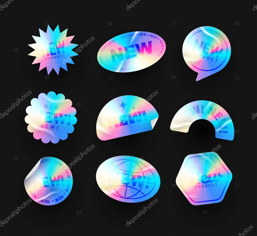 Sticker holographic New Arrival. Stickers holographic for products, new labels, sale badges. Vector sticker templates