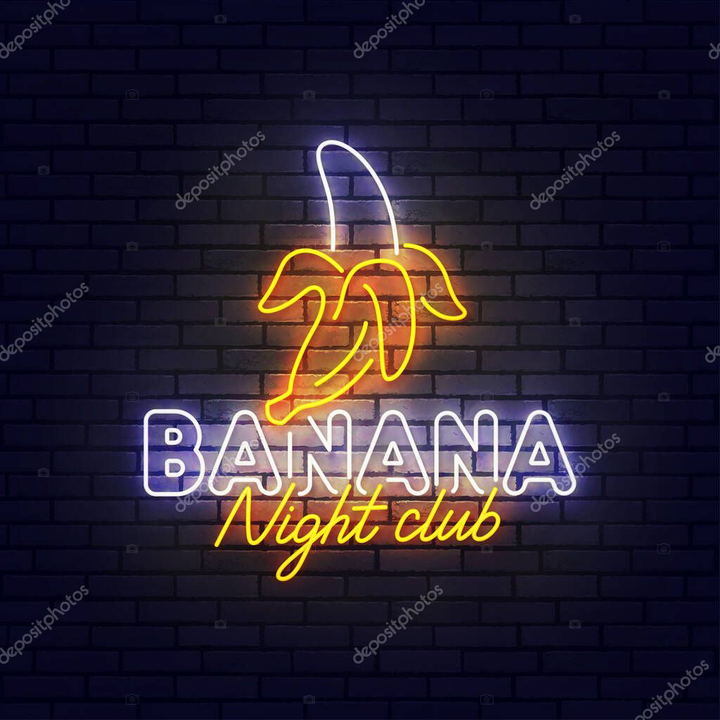 Banana neon sign, bright signboard, light banner. Banana night club logo neon, emblem and label. Vector illustration