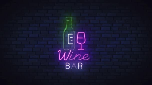 Panneau au néon, panneau lumineux, bannière lumineuse. Bar à vin logo néon — Video