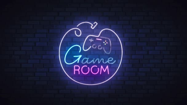 Game neon sign, bright signboard, light banner. Game Room logo neon, emblem — Vídeo de stock