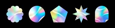 Holografik çıkartmalar. Farklı şekillerde hologram etiketleri. Tasarım modelleri için çıkartma şekilleri. Holografik desenli etiketler önizleme etiketleri, etiketler için. Vektör illüstrasyonu