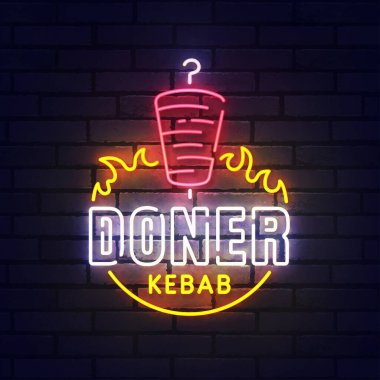 Doner neon levhası, parlak tabela, hafif pankart. Doner logo neon, amblem. Vektör illüstrasyonu