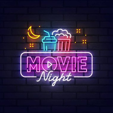 Neon film tabelası, parlak tabela, hafif pankart. Sinema Gecesi logosu, amblem. Vektör illüstrasyonu