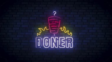 Doner neon sign, bright signboard, light banner. Doner Kebab logo neon, emblem. 