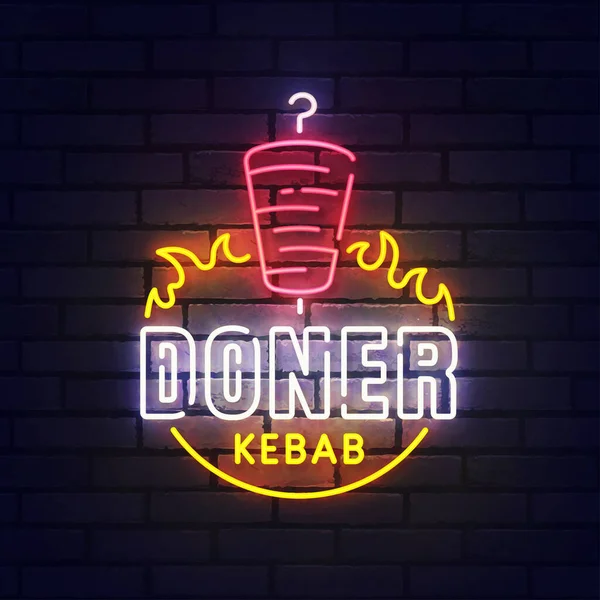 Doner neon sign, bright signboard, light banner. Doner Kebab logo neon, emblem. Vector illustration — Stockvektor