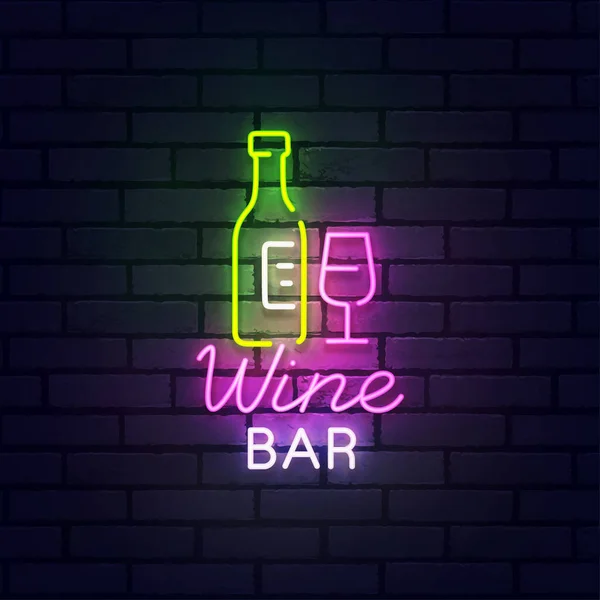 Neonový nápis, světlý nápis, světlý prapor. Neon s logem Wine Bar, emblém. Vektorové ilustraceNeonový nápis vína, světlý nápis, světlý prapor. Neon s logem Wine Bar, emblém. Vektorová ilustrace — Stockový vektor