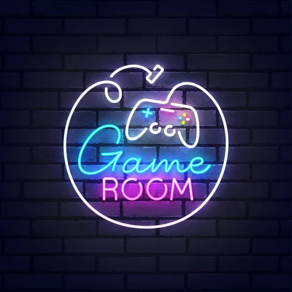 Game neon sign, bright signboard, light banner. Game Room logo neon, emblem. Vector illustration — Stock Vector