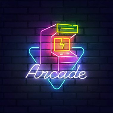Atari salonu neon ışığı, parlak tabela, hafif pankart. Atari makinesi logosu neon, amblem. Vektör illüstrasyonu
