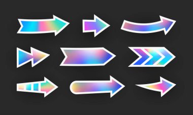 Holografik ok. Ok şekillerinin hologram etiketleri. Tasarım modelleri için çıkartma şekilleri. Holografik desenli etiketler önizleme etiketleri, etiketler için. Vektör illüstrasyonu