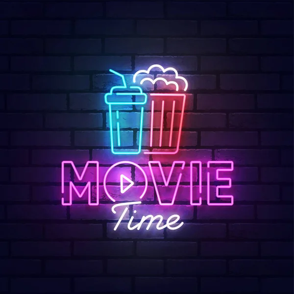 Movie Neon Sign Bright Signboard Light Banner Movie Time Logo — Stock Vector