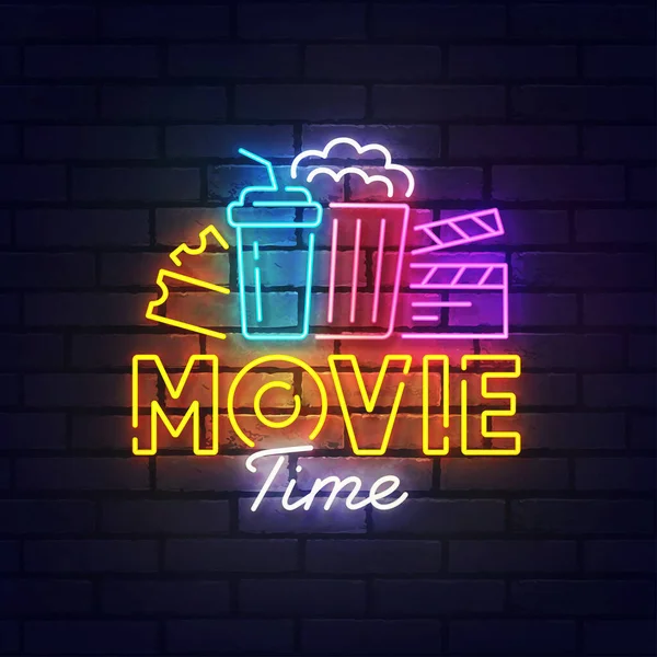 Movie Neon Sign Bright Signboard Light Banner Movie Time Logo — Stock Vector