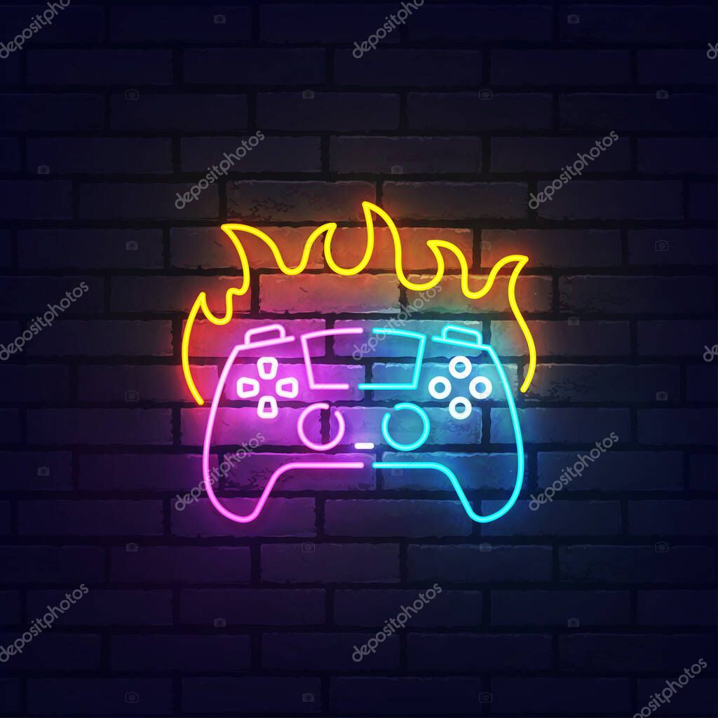 Game neon sign, bright signboard, light banner. Game joystick on fire logo neon, emblem. Vector illustration
