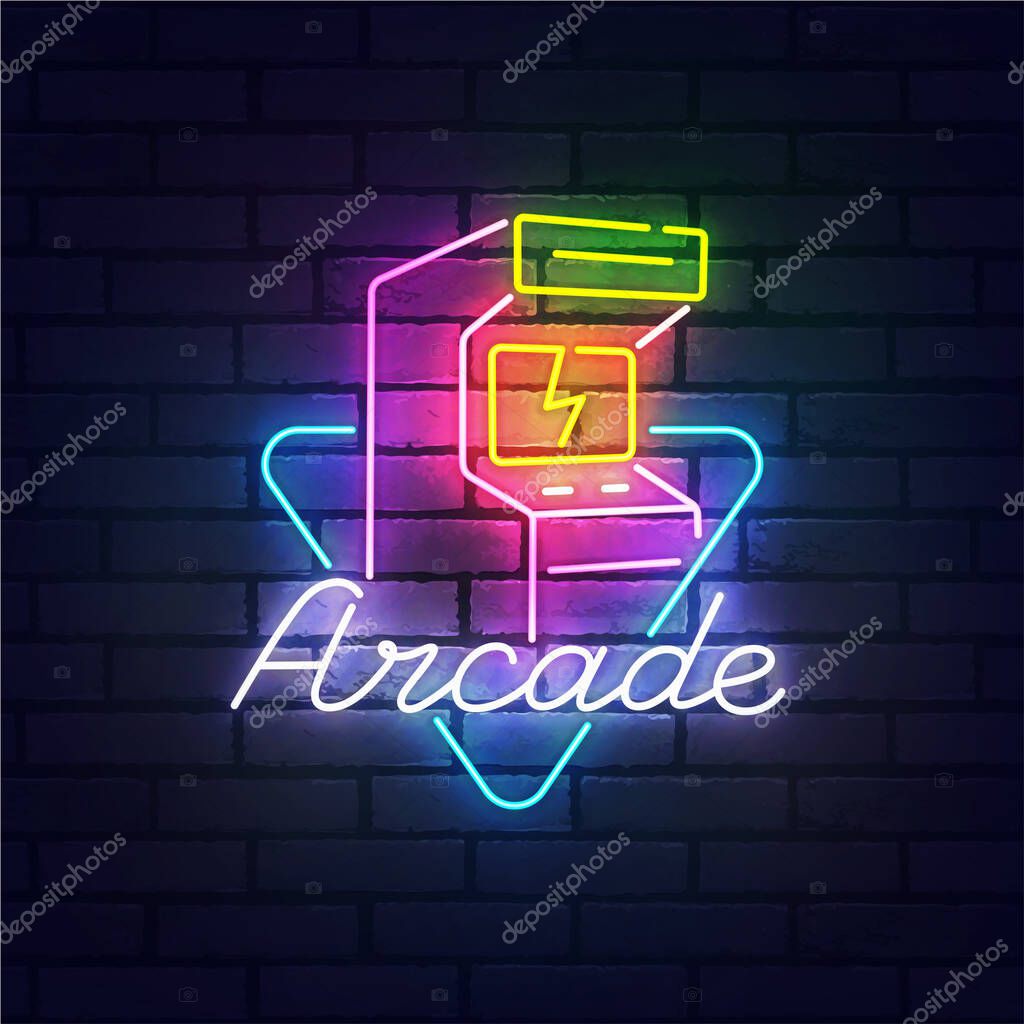 Arcade Game neon sign, bright signboard, light banner. Arcade machine logo neon, emblem. Vector illustration