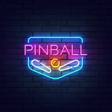 Pinball neon ışığı, parlak tabela, hafif pankart. Pinball etiketli neon, amblem. Vektör illüstrasyonu