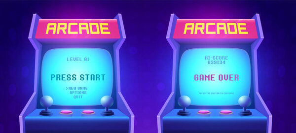Arcade game screen. Retro arcade game machine. 80s retro start play and game over interface screen. Video gaming machine. Vector Illustration of play screen game computer